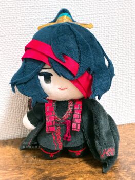 1boy bandage_over_one_eye belt black_coat black_eyes black_hair black_hanfu black_robe character_doll chinese_clothes closed_mouth coat doll family_hierarch_candidate_(identity)_(project_moon) hanfu high_ponytail highres hong_lu_(project_moon) limbus_company long_sleeves male_focus mwg_harito ponytail project_moon red_bandage red_belt robe sidelocks smile solo stole stuffed_toy traditional_media unconventional_media