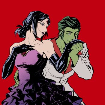 1boy 1girl alternate_costume bare_shoulders beast_boy_(dc) black_gloves chinese_commentary closed_mouth collarbone collared_jacket colored_skin couple dancing dc_comics dress elbow_gloves forehead_jewel formal_clothes frilled_dress frills from_side gem gloves green_eyes green_hair green_skin hair_up hand_on_another's_waist hand_on_own_chest head_tilt hetero highres holding_hands jacket kiss kissing_hand light_smile long_sleeves looking_down looking_to_the_side looking_up new_teen_titans one_eye_closed pants parted_bangs purple_dress purple_eyes purple_hair purple_lips raven_(dc) red_background red_gemstone simple_background standing suit teen_titans upper_body xingchen96926