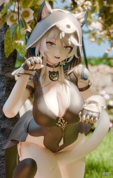 3d :d absurdres animal_ear_fluff animal_ears animal_hood ap_3d blender_(medium) breasts cat_ears cat_girl cat_hood cat_tail cipher_(honkai:_star_rail) cleavage cleavage_cutout clothing_cutout fangs gloves grey_hair highres honkai:_star_rail honkai_(series) hood large_breasts open_mouth paw_pose smile tail thick_thighs thighs wide_hips