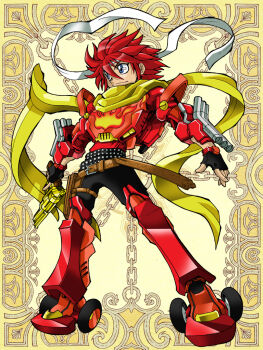 Rule 34 | black gloves, blue eyes, cosplay, fingerless gloves, gloves, gun, handgun, headband, holding, holding gun, holding weapon, hot rod (cosplay), hot rod (transformers), kerberos blade, looking to the side, mecha danshi, red hair, revolver, scarf, transformers, transformers: generation 1, tsushima naoto, weapon, white headband, yellow scarf