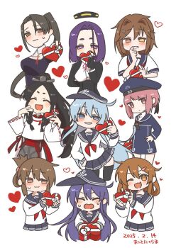 6+girls akatsuki_(kancolle) anchor_symbol black_gloves black_hair black_thighhighs blue_dress blue_hat blue_sailor_collar blush box breasts brown_hair chibi closed_eyes closed_mouth commentary dated dress flat_cap folded_ponytail furutaka_(kancolle) gift gloves hair_between_eyes hair_ornament hairclip halo hat headgear heart heart-shaped_box heterochromia hibiki_(kancolle) highres holding holding_gift ikazuchi_(kancolle) inazuma_(kancolle) japanese_clothes kantai_collection long_hair long_sleeves makotonichimei mechanical_halo multiple_girls nachi_(kancolle) neckerchief nisshin_(kancolle) one_eye_closed open_mouth pleated_skirt ponytail purple_hair red_neckerchief ribbon-trimmed_sleeves ribbon_trim sailor_collar sailor_dress school_uniform serafuku short_hair short_sleeves simple_background skirt sweat symbol-only_commentary tatsuta_(kancolle) thighhighs valentine very_long_hair wavy_mouth white_background z3_max_schultz_(kancolle)