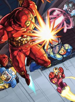 1girl 4boys alien android arm_cannon armor battle beat_(mega_man) capcom clenched_hand closed_eyes crossover firing flying food gun helmet highres iron_man jumping laser male_focus marvel marvel_vs._capcom marvel_vs._capcom_2 mega_man_(character) mega_man_(series) multiple_boys muscular one_eye_closed open_mouth power_armor rbniel robot roll_(mega_man) rush_(mega_man) smile teeth war_machine weapon