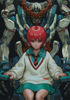 1girl amate_yuzuriha blue_eyes damaged dirty gquuuuuux gundam gundam_gquuuuuux highres looking_at_viewer mecha mobile_suit necktie pilot pilot_chair pxvx realistic red_hair robot school_uniform science_fiction signature sitting skirt v-fin