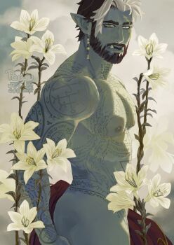 1boy ass bara beard black_hair colored_skin commission cowboy_shot dresden_(dresdeneverec) earrings eyeliner facial_hair flower from_side full-body_tattoo full_beard green_skin heterochromia huge_eyebrows jewelry large_pectorals lily_(flower) lips looking_at_another makeup male_focus mature_male monster_boy multicolored_hair muscular muscular_male nipples nude orc original paexie pectorals pointy_ears scar scar_across_eyebrow scar_on_face solo standing streaked_hair sunlight tattoo thick_beard tsurime turning_head tusks yellow_eyes