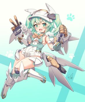 1girl :d breasts commentary_request covered_navel desktop_army doyouwantto dual_wielding fang full_body gloves green_eyes green_hair green_leotard hat headgear highleg highleg_leotard holding holding_weapon joints leotard long_hair looking_at_viewer mecha_musume mechanical_legs multicolored_leotard open_mouth robot_joints skin_fang small_breasts smile solo sylphy_(desktop_army) twintails two-tone_leotard weapon white_gloves white_hat white_leotard yellow_eyes