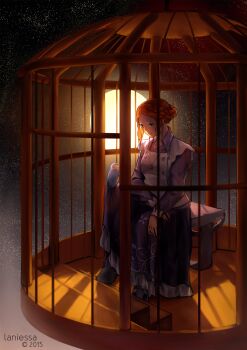 1girl adirosa artist_name bird birdcage blue_bird cage closed_mouth copyright_notice full_moon highres in_cage kyokugen_dasshutsu kyokugen_dasshutsu_adv:_zennin_shibou_desu long_sleeves luna_(kyokugen_dasshutsu) moon night orange_hair purple_skirt shadow shirt short_hair sitting skirt sky star_(sky) starry_sky