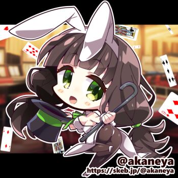 Rule 34 | 1girl, :d, akaneya, animal ear hairband, animal ears, ass, black hat, black pantyhose, blunt bangs, blurry, blurry background, blush stickers, bow, bowtie, breasts, brown hair, cane, card, chibi, chibi only, commentary request, commission, fake animal ears, full body, gochuumon wa usagi desu ka?, green bow, green bowtie, green eyes, hairband, hat, high heels, holding, holding cane, holding unworn clothes, holding unworn hat, leotard, letterboxed, long hair, looking at viewer, low twintails, lowres, medium breasts, open mouth, outside border, pantyhose, playboy bunny, playing card, rabbit ear hairband, rabbit ears, shoes, skeb commission, smile, solo, standing, standing on one leg, strapless, strapless leotard, top hat, twintails, twitter username, ujimatsu chiya, unworn hat, unworn headwear, very long hair, watermark, web address, white hairband, white leotard, white shoes