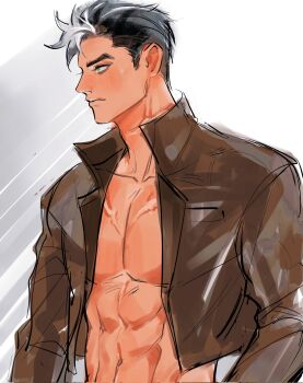 1boy abs batman_(series) black_hair blue_eyes bodysuit brown_jacket collarbone commentary_request dc_comics highres huiychen jacket jason_todd male_focus multicolored_hair muscular muscular_male open_clothes red_hood_(dc) red_hood_and_the_outlaws short_hair streaked_hair white_background white_hair