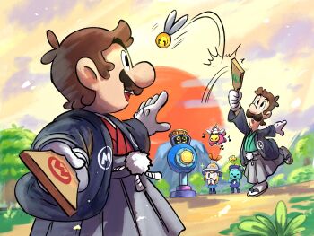 1girl 4boys alternate_costume arc_(mario) black_eyes brown_hair connie_(mario) facial_hair full_body gloves hand_up haori highres japanese_clothes luigi mario mario_&amp;_luigi:_brothership mario_&amp;_luigi_rpg mario_(hakama) mario_(series) mario_kart mario_kart_tour masanori_sato_(style) multiple_boys musical_note mustache new_year nintendo nose snoutlet_(mario) standing standing_on_one_leg white_gloves yamari_(ya_mari_6363)