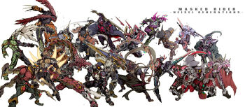 Rule 34 | 6+boys, action gamer level 2, antennae, armor, belt, black bodysuit, blue eyes, bodysuit, breastplate, cape, card, chain, claw (weapon), commentary, compound eyes, dragon, drumsticks, dual wielding, eastern dragon, everyone, eyecon, full armor, gaia memory, gloves, glowing, graphite (medium), green bodysuit, green eyes, helmet, heterochromia, highres, holding, holding sword, holding weapon, hood, hooded jacket, hoodie, horns, jacket, kamen rider, kamen rider 555, kamen rider agito, kamen rider agito (ground form), kamen rider agito (series), kamen rider blade, kamen rider blade (series), kamen rider build, kamen rider build (series), kamen rider dcd, kamen rider decade, kamen rider den-o, kamen rider den-o (series), kamen rider den-o (sword form), kamen rider double, kamen rider drive, kamen rider drive (series), kamen rider drive (type speed), kamen rider ex-aid, kamen rider ex-aid (series), kamen rider faiz, kamen rider fourze, kamen rider fourze (series), kamen rider gaim, kamen rider gaim (series), kamen rider ghost, kamen rider ghost (ore damashii), kamen rider ghost (series), kamen rider hibiki, kamen rider hibiki (series), kamen rider kabuto, kamen rider kabuto (series), kamen rider kiva, kamen rider kiva (series), kamen rider kuuga, kamen rider kuuga (series), kamen rider ooo, kamen rider ooo (series), kamen rider ryuki, kamen rider ryuki (series), kamen rider w, kamen rider wizard, kamen rider wizard (series), kamen rider zi-o, kamen rider zi-o (series), male focus, mask, mechanical pencil, mighty action x level 2, multiple boys, multiple wings, o medal, open mouth, orange eyes, ore damashii, pauldrons, pencil, pink eyes, poses, rabbit+tank form (best match), red cape, red eyes, rider belt, rider gashat, rocket, scarf, shift car, shoulder armor, shoulder pads, silver trim, single horn, standing, sword, tokusatsu, traditional media, translation request, type speed, unused tire, weapon, white background, wings, yellow eyes, zakkizaki, ziku driver