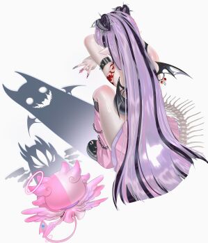 1girl bat_wings black_streaks breasts cat_shadow_puppet_(meme) commentary creature different_shadow double_bun english_commentary facing_away fingernails from_behind full_body hair_bun hair_sprinkles heart_hair_bun highres indie_virtual_youtuber leg_warmers long_hair medium_breasts meme multicolored_hair multicolored_nails myuutew nail_polish pink_leg_warmers pink_skirt pointy_ears purple_hair second-party_source shadow simple_background skeletal_tail skirt solo spikes sprinkle_hershy sprinkles squatting streaked_hair tail torn_wings vampire virtual_youtuber white_background wings