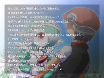 1boy 1girl diamond_(gemstone) gardevoir gem gen_3_pokemon green_theme lucas_(pokemon) maid monster nintendo pearl_(gemstone) pocket pokemon pokemon_(creature) red_eyes sanaito sirnight translation_request