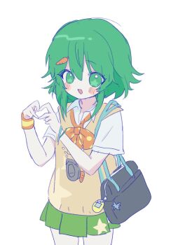 1girl 52601i bag black_bag bow bowtie bracelet carrot_hair_ornament collared_shirt food-themed_hair_ornament green_eyes green_hair green_skirt gumi hair_ornament hashtag-only_commentary heart heart_hands highres i_can't_wait_(synthesizer_v) jewelry orange_bow orange_bowtie orange_vest pleated_skirt shirt short_hair shoulder_bag sidelocks simple_background skirt smile solo star-shaped_pupils star_(symbol) star_print symbol-shaped_pupils synthesizer_v tamagotchi_(virtual_pet) vest virtual_pet_(toy) vocaloid white_background white_shirt
