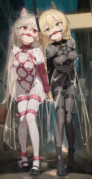 2girls absurdres animal_ears animi_(a123514179) arm_binder armbinder artist_request ball_gag bdsm bell black_shoes blonde_hair bondage bondage_cuffs bound bound_together collar commentary_request exhibitionism gag green_eyes grey_hair harness highres horns leash lock loli multiple_girls neck_bell original outdoors padlock public_indecency rain raincoat red_eyes restrained shoes slave water_drop
