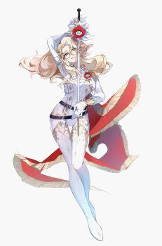 Rule 34 | 1girl, absurdres, aia amare, aia amare (3rd costume), aqua eyes, blonde hair, breasts, cape, commentary request, epaulettes, eyewear strap, full body, glasses, gloves, half gloves, highres, holding, holding sword, holding weapon, large breasts, long hair, looking at viewer, nijisanji, nijisanji en, parted lips, red cape, shinakou, simple background, solo, sword, tachi-e, thigh gap, virtual youtuber, weapon, white background