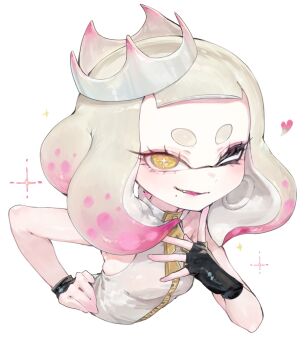 1girl blunt_bangs cephalopod_eyes cropped_torso crown fang fingerless_gloves gloves gradient_hair heart highres inkling leaning_forward mole mole_under_mouth multicolored_hair nintendo one_eye_closed oversized_zipper pearl_(splatoon) sleeveless splatoon_(series) splatoon_2 suction_cups tentacle_hair togetoge white_background white_crown yellow_eyes zipper