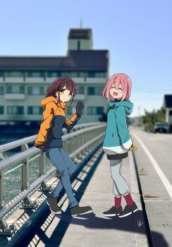 Rule 34 | 2girls, :d, absurdres, arms behind back, black coat, black gloves, blue pants, blue sky, blurry, blurry background, bridge, brown hair, brown shoes, car, closed mouth, coat, commentary request, day, denim, gloves, green coat, grey pants, happy, highres, hood, hoodie, jeans, kagamihara nadeshiko, lens flare, long sleeves, motor vehicle, multicolored coat, multiple girls, open mouth, orange coat, outdoors, pants, photo background, pink hair, railing, real world location, red socks, river, shadow, shoes, sky, smile, socks, standing, toki ayano, two-tone coat, waving, yas (yosiyasuyasu), yellow eyes, yellow gloves, yurucamp