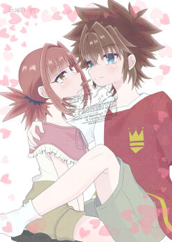 blush couple digimon digimon_xros_wars hair_ornament hairclip heart hinomoto_akari hnwxzlrcuflr9wz kudou_taiki long_hair looking_at_another red_hair twintails