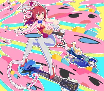 4girls absurdres animal_ears blob blonde_hair blue_hair bocchi_the_rock! canti cosplay detached_collar electric_guitar fake_animal_ears flcl g9in32 gibson_les_paul gotoh_hitori guitar haruhara_haruko haruhara_haruko_(cosplay) high_heels highres ijichi_nijika instrument kessoku_band kita_ikuyo leotard long_hair multiple_girls one_side_up open_mouth outline pantyhose rabbit_ears red_hair red_leotard red_shoes riding school_uniform shimokitazawa_high_school_uniform shoes smile white_outline white_pantyhose yamada_ryo yellow_eyes