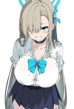 1girl asuna_(blue_archive) asuna_(school_uniform)_(blue_archive) blonde_hair blue_archive blue_bow blue_bowtie blue_eyes blue_halo blue_skirt blush bow bowtie breasts button_gap choker collarbone grin hair_over_one_eye halo highres large_breasts looking_at_viewer maho_ron1 pleated_skirt school_uniform shirt skirt sleeves_rolled_up smile solo thighs white_background white_shirt