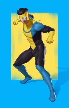 1boy abs absurdres armored_boots black_bodysuit black_hair blue_bodysuit blue_boots blue_border bodysuit boots border clenched_hands collarbone commission dalejomej elbow_gloves facing_viewer fighting_stance fingerless_gloves gloves goggles grin hair_slicked_back highres invincible_(character) invincible_(series) looking_at_viewer male_focus mark_grayson multicolored_bodysuit outside_border short_hair signature smile solo spandex superhero_costume toned toned_male yellow_background yellow_bodysuit yellow_gloves