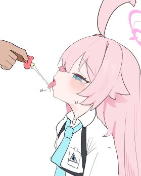 1girl 1other absurdres abydos_high_school_logo ahoge aqua_necktie blue_archive blue_eyes blush chest_strap collared_shirt commentary from_side hair_between_eyes hair_flaps halo high_(hgih) highres hoshino_(blue_archive) huge_ahoge id_card loli long_hair necktie open_mouth pacifier pink_hair pink_halo saliva saliva_trail shirt sidelocks simple_background sketch solo_focus sweat tongue tongue_out upper_body white_background white_shirt
