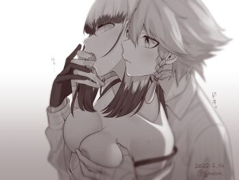 Rule 34 | 2girls, areola slip, backlighting, bandaged arm, bandages, blunt bangs, blurry, blurry foreground, blush, braid, braided sidelock, breasts, cleavage, collarbone, collared shirt, colored tips, commentary request, dated, gloves, grabbing another's breast, grabbing from behind, greyscale, groping, hair between eyes, jouhou, large breasts, licking, licking finger, long sleeves, looking at another, medium hair, monochrome, multicolored hair, multiple girls, open mouth, satsuki yomi, shidou maki (toji no miko), shirt, short hair, sound effects, striped clothes, striped shirt, toji no miko, tongue, tongue out, twitter username, upper body, yuri