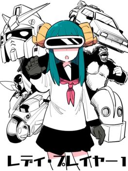 Rule 34 | 1girl, akira (manga), back to the future, blue hair, commentary request, crossover, delorean, gloves, greyscale, gundam, head-mounted display, horns, iron giant (mecha), kaiju, kaneda shoutarou's bike, king kong, king kong (series), long hair, mecha, meriel (tonmoh), mobile suit gundam, monochrome, open mouth, original, ready player one, robot, rx-78-2 gundam, simple background, skirt, spawn (comic), spawn (spawn), the iron giant, tonmoh, white background