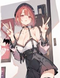 Rule 34 | black bow, black thighhighs, book, bow, breasts, buttons, choker, cleavage, fingernails, hidari0906, jewelry, nail polish, o-ring, o-ring choker, open mouth, original, parted lips, pleated skirt, poster (object), red eyes, red hair, ring, short hair, skirt, thighhighs, v