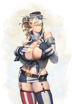 1girl absurdres american_flag_legwear asymmetrical_legwear blonde_hair blue_eyes blue_shirt breasts cleavage corset elbow_gloves fingerless_gloves front-tie_top garter_straps gloves grey_corset hands_on_own_chest headgear highres kantai_collection large_breasts looking_to_the_side mismatched_legwear navel original ponytail shirt sidelocks skirt smile solo star-shaped_pupils star_(symbol) striped_clothes striped_skirt striped_thighhighs symbol-shaped_pupils thighhighs uss_missouri_(bb-63)_(ye_fan) vertical-striped_clothes vertical-striped_skirt vertical-striped_thighhighs ye_fan