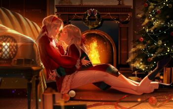2girls 5b_bebenn absurdres between_legs black_socks box christmas christmas_tree commentary commission couch english_commentary eye_contact finger_to_another's_mouth firefly_(honkai:_star_rail) fireplace gift gift_box green_nails grey_hair hairband hand_on_another's_waist highres honkai:_star_rail honkai_(series) indoors kneehighs long_hair looking_at_another multiple_girls open_mouth red_hairband red_sweater smile socks stelle_(honkai:_star_rail) striped_clothes striped_sweater sweater thighhighs trailblazer_(honkai:_star_rail) white_thighhighs wreath yuri