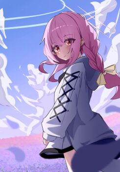 1girl atsuko_(blue_archive) blue_archive blue_sky blush braid cheeckae cloud commentary_request crossed_bangs falling_petals field flower flower_field from_behind hair_between_eyes halo highres hood hood_down hooded_jacket jacket long_hair long_sidelocks long_sleeves looking_at_viewer no_mask petals pink_eyes ponytail sidelocks sky smile solo white_jacket