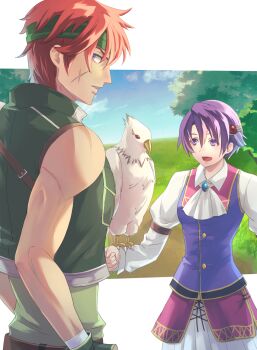 1boy 1girl agate_crosner animal_on_arm ascot bird bird_on_arm blue_gem commentary_request eiyuu_densetsu gem green_headband hair_ornament hairclip headband highres kloe_rinz open_mouth outdoors purple_eyes purple_hair red_hair riou_(pooh920) scar scar_on_face sieg_(eiyuu_densetsu) smile sora_no_kiseki standing toned toned_male white_ascot