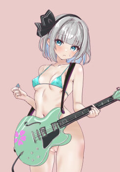 1girl bikini bikini_top_only blue_eyes bow frown grey_hair guitar guitar_strap hair_bow highres instrument konpaku_youmu plectrum pussy ribs soara_shimomo sweat swimsuit touhou