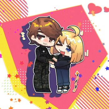 Rule 34 | > o, 1boy, 1girl, 8chan, ;3, ;d, a1binos1ug, ahoge, animification, arrow (symbol), averting eyes, black gloves, black hoodie, black pants, black shirt, black shoes, blonde hair, blue eyes, blue pants, blush, bob cut, border, brenton tarrant, brown eyes, brown hair, camouflage, camouflage pants, cheek-to-cheek, chibi, chibi only, chromatic aberration, closed mouth, denim, drop shadow, eyes visible through hair, facial hair, flat chest, flying sweatdrops, frown, full body, genderswap, genderswap (mtf), gloves, hair behind ear, heads together, heart, hetero, holding hands, hood, hood down, hoodie, jeans, long sleeves, looking at another, looking to the side, nose blush, one eye closed, open mouth, outline, outside border, pants, payton gendron, puffy long sleeves, puffy sleeves, real life, red background, shirt, shoelaces, shoes, short hair, simple background, smile, standing, star (symbol), star symbol background, sweat, swept bangs, third-party source, tiptoes, white border, white outline