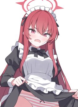 Rule 34 | 1girl, alternate costume, apron, bandaid, bandaid on face, black bow, black bowtie, black dress, blue archive, blush, bow, bow panties, bowtie, breasts, chinese commentary, clothes lift, collared dress, commentary request, contrast collar, dress, dress lift, enmaided, frilled apron, frills, hair between eyes, halo, highres, juliet sleeves, jyt, lifting own clothes, long hair, long sleeves, looking at viewer, maid, maid apron, maid headdress, making-of available, medium breasts, open mouth, panties, partial commentary, pink panties, puffy sleeves, rabu (blue archive), red eyes, red hair, red halo, sharp teeth, sidelocks, simple background, solo, striped clothes, striped panties, sweatdrop, teeth, underwear, upper teeth only, v-shaped eyebrows, very long hair, wavy mouth, white apron, white background