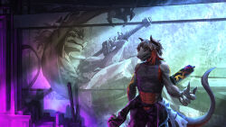 Rule 34 | 1boy, animal ears, bare shoulders, black shirt, claws, commission, cowboy shot, crop top, furry, furry male, graffiti, highres, holding, holding sword, holding weapon, horns, jumpsuit, kuro dora, male focus, midriff, navel, original, pectorals, sharp teeth, shirt, short hair, sidelocks, skeb commission, snout, solo, spray can, sword, teeth, toned, toned male, twintails, unzipped, weapon