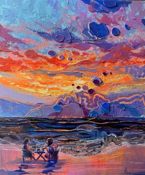 Rule 34 | 2girls, acrylic paint (medium), anastasia trusova, beach, commentary, english commentary, highres, impasto, multiple girls, ocean, original, outdoors, painting (medium), scenery, sunset, table, traditional media, water, wide shot