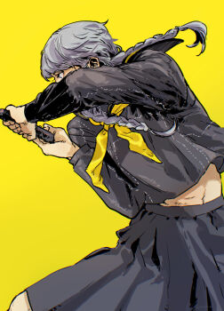 1boy abs arms_up black_skirt braid commentary_request crossdressing crossdressing_(mtf) from_side grey_hair holding holding_sword holding_weapon imamori_shun jacket long_hair male_focus narukami_yu neckerchief persona persona_4 school_uniform simple_background skirt solo sword twin_braids weapon yasogami_school_uniform yellow_background yellow_neckerchief