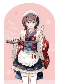 1girl :d absurdres alternate_costume apron blue_eyes brown_hair character_name dango floral_print flower food frilled_apron frilled_skirt frills girls_band_cry hair_flower hair_ornament highres holding holding_food holding_plate holding_tray iseri_nina japanese_clothes kimono kimono_skirt long_sleeves looking_at_viewer maid maid_apron maid_headdress nuoweisenlin_tongren_gongzuoshi obi open_mouth pink_background plate print_kimono red_kimono sanshoku_dango sash short_hair skirt smile solo standing tassel thighhighs tray twintails wa_maid wagashi white_apron white_thighhighs wide_sleeves