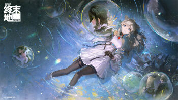1girl air_bubble arknights arknights:_endfield belt belt_around_waist bird_girl black_gloves black_hair black_pantyhose blue_eyes bubble chinese_commentary commentary_request copyright_logo copyright_name copyright_notice dress endministrator_(arknights) female_endministrator_(arknights) gloves grey_hair highres jacket kkia logo lying lying_on_water off_shoulder official_art on_back open_clothes open_jacket pantyhose perlica_(arknights) ripples single_glove turtleneck turtleneck_dress white_dress
