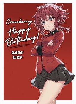 1girl aadka5 black_skirt blue_eyes braid braided_ponytail breasts character_name closed_mouth commentary commentary_request cowboy_shot cranberry_(girls_und_panzer) crossed_arms cursive dated english_commentary english_text feet_out_of_frame girls_und_panzer happy_birthday highres jacket long_sleeves looking_at_viewer low_ponytail medium_breasts medium_hair military_uniform miniskirt mixed-language_commentary pleated_skirt ponytail red_background red_hair red_jacket school_uniform simple_background skirt smile solo st._gloriana&#039;s_military_uniform standing