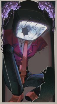 2boys ant_tenna belt_buckle black_pants border buckle collared_shirt commentary corrupted_twitter_file cracked_screen crt deltarune english_commentary highres hole humanoid_robot jacket male_focus mechabare missing_limb multiple_boys necktie object_head pants red_jacket red_necktie red_shoes robot shirt shoes silhouette size_difference spamton_g._spamton utdr_(toby_fox) v1ntervals white_shirt