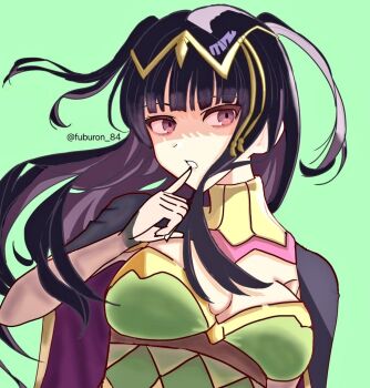 1girl artist_name black_hair breasts cape commentary_request fire_emblem fire_emblem_awakening fire_emblem_heroes fuburon_84 green_background large_breasts long_hair looking_to_the_side nintendo official_alternate_costume purple_cape red_eyes simple_background solo tharja_(fire_emblem) tharja_(gloomy_mage)_(fire_emblem) tiara twitter_username two_side_up upper_body