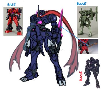 arm_mounted_weapon claws full_body glowing glowing_eyes gn-x gundam gundam_00 gundam_00v gundam_build_divers gundam_build_divers_re:rise gundam_build_fighters gundam_exia_dark_matter gunpla highres hololive mecha mecha_focus mobile_suit model_kit ninja no_humans ogre_gn-x photo_inset pinguinkotak purple_eyes red_scarf redesign reference_sheet robot scarf science_fiction sketch standing sword weapon white_background