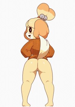 1girl :d animal_crossing animal_ears animated animated_gif ass ass_shake bar_censor barefoot bell black_sclera blush bottomless censored colored_sclera dog_ears dog_girl dog_tail female_focus from_behind full_body furry furry_female hair_bell hair_ornament hands_on_own_hips isabelle_(animal_crossing) looking_at_viewer looking_back nintendo open_mouth orange_sweater pussy simple_background smile solo standing sweater tail tail_wagging topknot two-tone_fur ugoira usamimi_(umisag85rabb99)