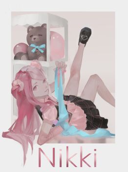 Rule 34 | 1girl, absurdres, arm warmers, balloon, bare legs, bead bracelet, beads, black shoes, black skirt, black vest, blue ribbon, border, bracelet, brown background, chinese commentary, closed mouth, collared shirt, commentary request, copyright name, eyelashes, frilled shirt, frills, grey border, gyaru, hair ornament, hair scrunchie, hair spread out, happy, heart, highres, holding, holding ribbon, infinity nikki, jewelry, knees, leg up, light smile, loafers, long hair, looking at viewer, lying, miniskirt, multicolored hair, nikki (series), no socks, on back, outside border, outstretched leg, pink arm warmers, pink eyes, pink hair, pink scrunchie, pink shirt, plaid clothes, plaid skirt, pleated skirt, puffy short sleeves, puffy sleeves, reflective floor, ribbon, rosie sweetheart (infinity nikki), scrunchie, shirt, shoes, short sleeves, sidelocks, single arm warmer, skirt, solo, split-color hair, stuffed animal, stuffed toy, teddy bear, tudousiyujiangsi, two side up, vest, y2k fashion