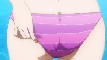 Rule 34 | 10s, 1girl, adjusting clothes, adjusting swimsuit, animated, animated gif, anime screenshot, ass, ass focus, ayase eli, bikini, butt crack, close-up, female focus, love live!, love live! school idol project, ocean, outdoors, solo, striped bikini, striped clothes, swimsuit, water