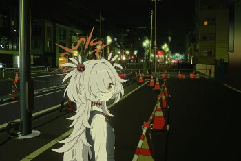 1girl apartment black_dress black_sky blue_archive brown_eyes brown_halo brown_ribbon building choker city_lights commentary_request diagonal-striped_ribbon dress eyeball_hair_ornament from_side grey_hair hair_over_one_eye halo highres kanoe_(blue_archive) lamppost long_hair looking_at_viewer looking_to_the_side night nkymyura outdoors pinafore_dress power_lines ribbon shirt sky sleeveless sleeveless_dress solo traffic_cone two_side_up upper_body urban utility_pole very_long_hair white_shirt