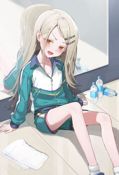 1girl :d absurdres against_mirror blush bottle collarbone commentary earrings english_commentary feet_out_of_frame gakuen_idolmaster goeleu gym_shorts hair_behind_ear hair_ornament hairclip hairpin hands_on_floor highres idolmaster indoors jacket jewelry legs light_brown_hair long_hair looking_at_viewer mirror on_floor open_mouth orange_eyes parted_bangs parted_hair shinosawa_hiro shorts smile socks solo sportswear stud_earrings sweat towel track_jacket track_suit v-shaped_eyebrows water_bottle